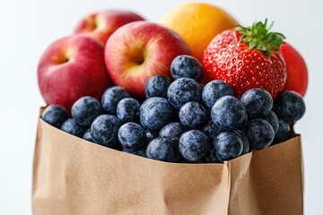 Assorted fruits fill a brown paper bag, healthy and vibrant. Perfect for nutrition, diet, or a healthy snack promotion.
