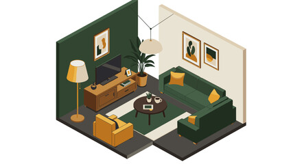 Isometric living room interior design with mid-century modern decor
