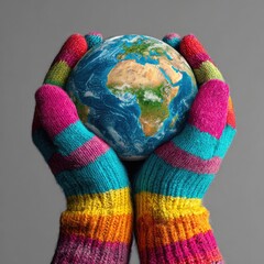 Earth held gently in colorful mittens