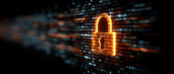 Glowing neon padlock amidst binary code symbolizes data encryption
