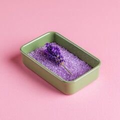 A small, rectangular, olive-green container holds a pile of light purple, granular salt, atop which sits a single, vibrant purple lavender sprig.  The container sits on a solid, pastel pink background