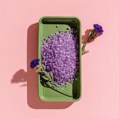 Lavender bath salts in a green tray