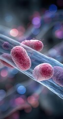 Close-up of microscopic bacteria within translucent strands.  Pinkish-purple bacteria cells are clustered within and around clear, almost glassy strands. 