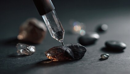 Crystal quartz wand positioned over a dark, polished stone, with other crystals and gemstones scattered around