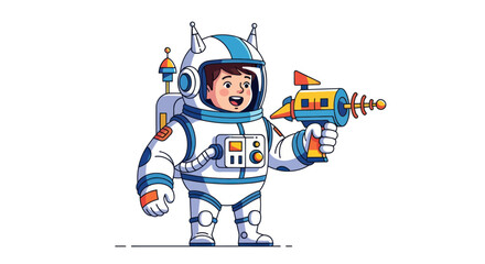 Cartoon Astronaut Boy Holding a Retro Ray Gun Ready for Adventure.