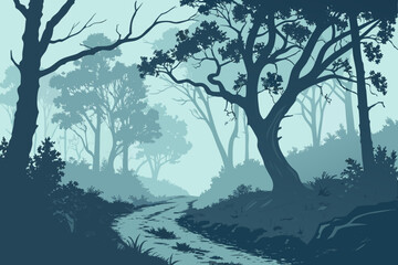 Fototapeta premium Enchanting forest path illustration for serene backgrounds, perfect for fantasy games, book covers, and nature-themed projects, a calming outdoor scene