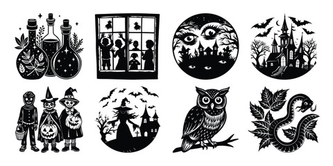 Black and white Halloween vector silhouette set with spooky icons and elements