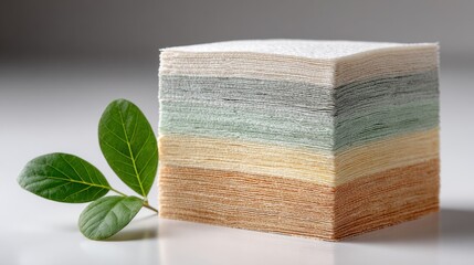 Stack of Multicolored Paper Napkins with Green Leaves. Eco-Friendly Tissue Paper Stack in Gradient Colors
