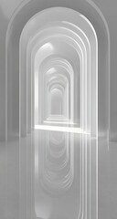 Empty white arched hallway with light reflections