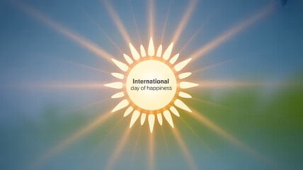 International Day of Happiness symbolized by a radiant sun with text overlay against a soft sky background
