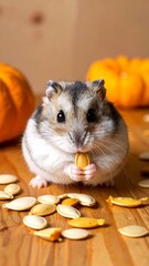 Cute hamster eating pumpkin seeds