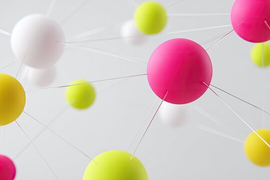 Colorful spheres connected by thin lines against a light background