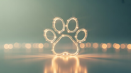 Glowing paw print outline with bokeh lights in the background