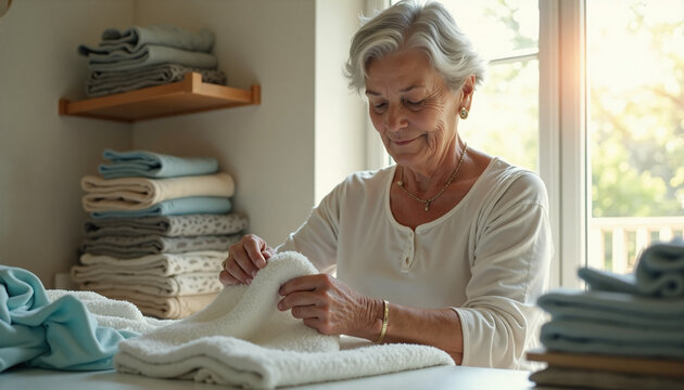 Elderly woman folding towels in bright room with neatly stacked linens. Older woman enjoys organizing freshly laundered towels and linens, creating a serene atmosphere.