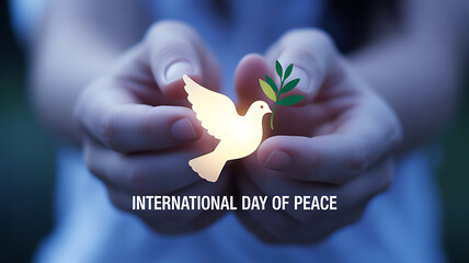 Hands holding a glowing paper dove with an olive branch, symbolizing peace on International Day of Peace