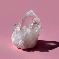 Clear quartz crystal cluster on pink background