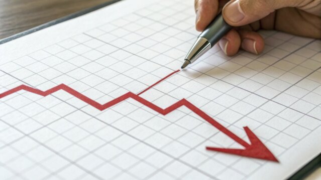 A hand holding a pen draws a downward trend line on a graph, indicating a decrease or decline in data.