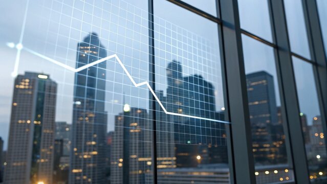 A financial chart overlaying a city skyline, showcasing a downward trend in stock performance against a modern urban backdrop. - Powered by Adobe