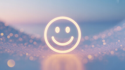 Glowing smiley face icon on a soft, bokeh-lit background with pastel hues and sparkling particles