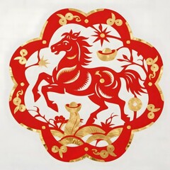 Fototapeta premium 鮮やかな赤い馬の切り絵 白色の背景に金の装飾