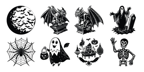 Black and white Halloween vector silhouette set with spooky icons and elements