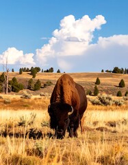 Bison grazing in a golden field under a blue sky