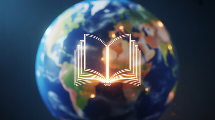 Glowing open book icon overlaid on a rotating Earth globe with illuminated continents