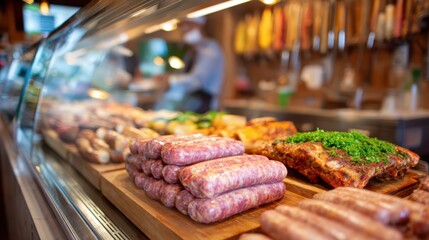 Horizontal butcher counter layout featuring assorted sausages and ribs prominently in focus with a blurred display case and butcher tools in the background.