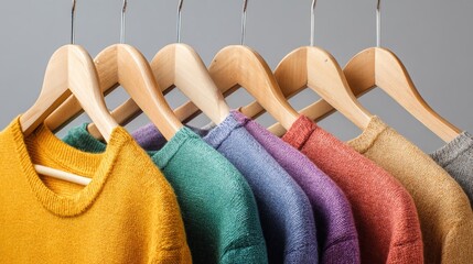 hangers. Colorful clothing arranged on wooden hangers in soft rainbow tones, minimalist studio setting. lifestyle magazines, social media lookbooks, designed for influencer and brand collaborations.
