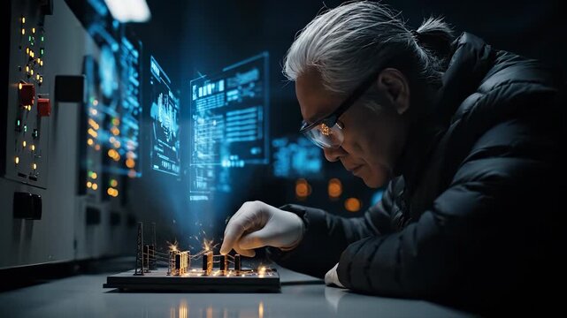 Assembling electronic circuit prototype at bench. Engineer inspects pcb with glove. Technician monitors spark and soldering. Laboratory panel glows with indicator. Scientist studies prototype data.