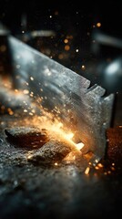 Close-up of a metal blade cutting through glowing embers, sparks flying