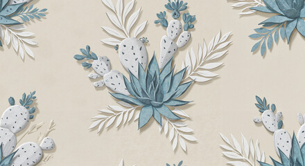 Botanical pattern with cacti and succulents in soft blue hues  
