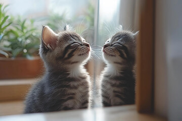 Playful Gray Tabby Kitten Laughing and Squinting While Interacting with Its Reflection in a Mirror, Cute and Adorable Pet Moment