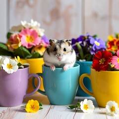 Cute hamster in colorful cups with flowers