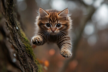 Adorable kitten falling from a tree with paws spread like a parachute, capturing a playful and heartwarming moment
