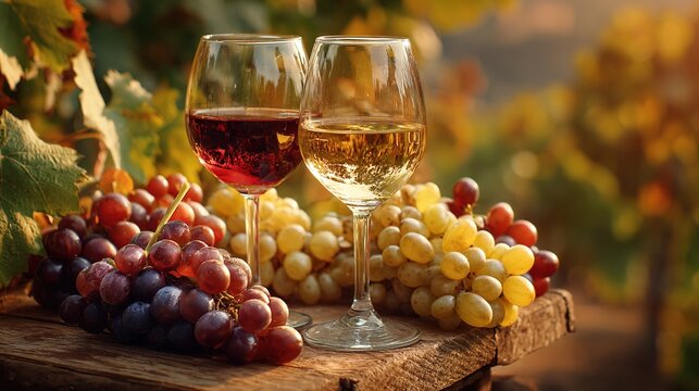 vineyard. Glasses of red and white wine with ripe grapes on a wooden table in a rustic vineyard setting. bar promotions, beverage menus, designed for food & beverage menus and cafe branding.