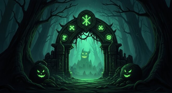 Spooky gate with glowing runes leads to a dark forest with a grinning monster - Powered by Adobe