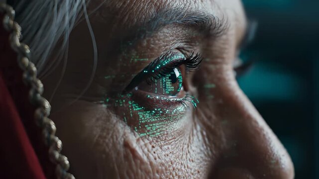 Closeup senior woman eye reflection. Wrinkled skin fills frame. Hologram code reflects in iris. Futuristic glow cyberpunk detail suggest technology. Closeup feels intimate. Interface hints upgrade.