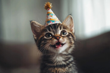 Adorable kitten laughing joyfully while wearing a tiny birthday hat, eyes squinted with pure happiness and playful charm