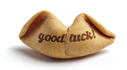 A fortune cookie, light tan in color, with "Good luck!" imprinted