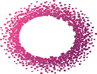 Circular graphic design with a pixelated, gradient-filled border.