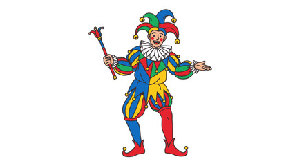 Colorful Jester Character with Scepter and Bell Hat.