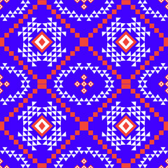 seamless geometric pattern
A vibrant, symmetrical geometric pattern inspired by traditional folk art and pixel aesthetics. Featuring diamond shapes and colorful motifs in purple, blue