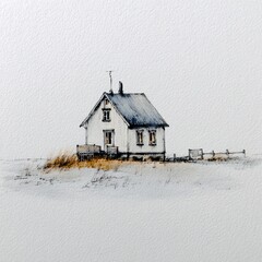 A small, white house sits on a light beige field.  Gentle watercolor and pen and ink style depict a simple, isolated dwelling with a dark roof and small windows.  