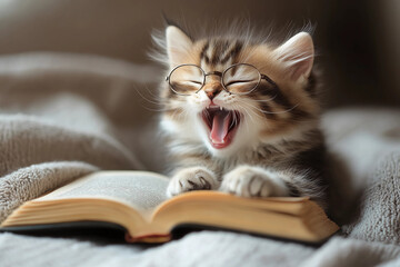 Adorable kitten wearing tiny glasses laughing joyfully while reading a book with a paw resting on its cheek