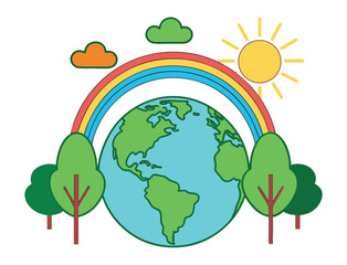 Earth Day illustration with rainbow sun trees and cartoon design