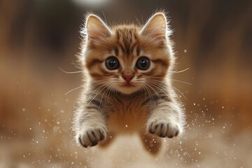 Adorable wide-eyed kitten falling in slow motion with tiny outstretched paws reaching forward in a playful moment