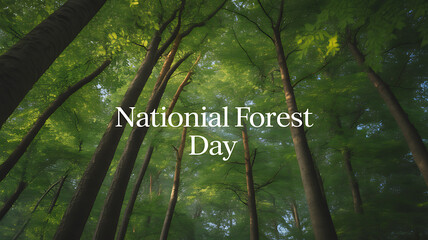 National Forest Day celebration with a view of tall trees and lush green canopy in a forest.