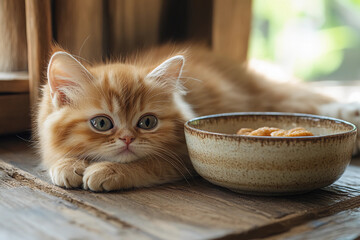 Unimpressed Long-Haired Kitten Rolling Eyes Next to Bowl of Food Showing Funny Expression and Cute Lazy Attitude