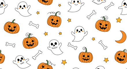 Fototapeta premium Cute spooky ghosts and smiling pumpkins scattered across a white background with tiny stars and bones.